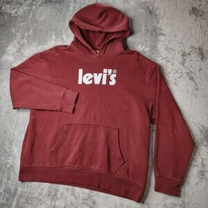 Levis Hoodie Mens XL Burgundy‎ Relaxed Fit Spell Out Fleece Graphic Sweatshirt